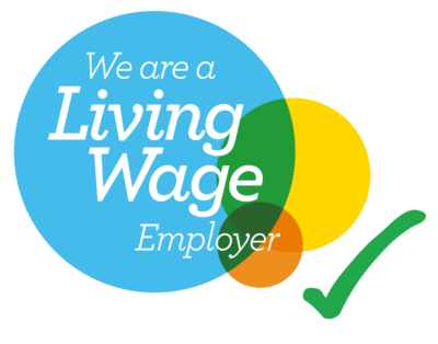 Logo of a blue circle with two smaller overlapping orange  circles. Text reads, 'Living Wage Employer'